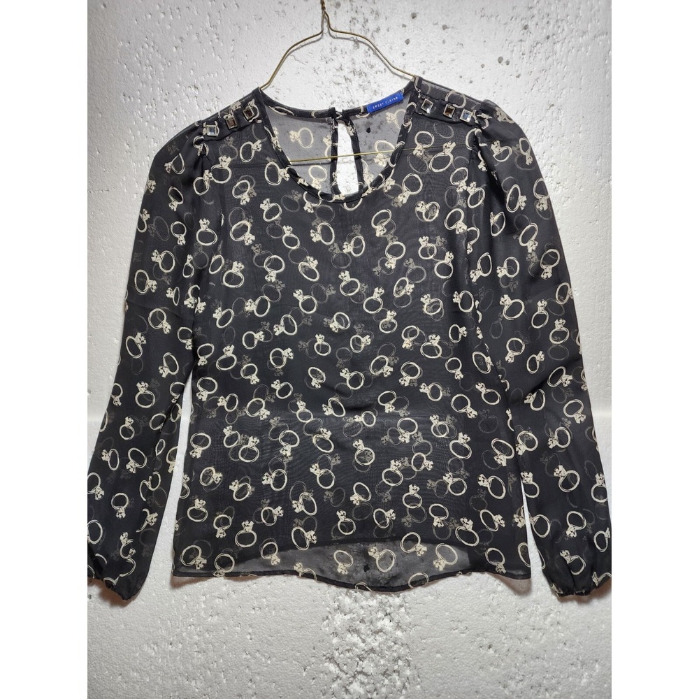 Sweet Claire Top Women Medium Black White Blouse Long Sleeve Round Neck Ring